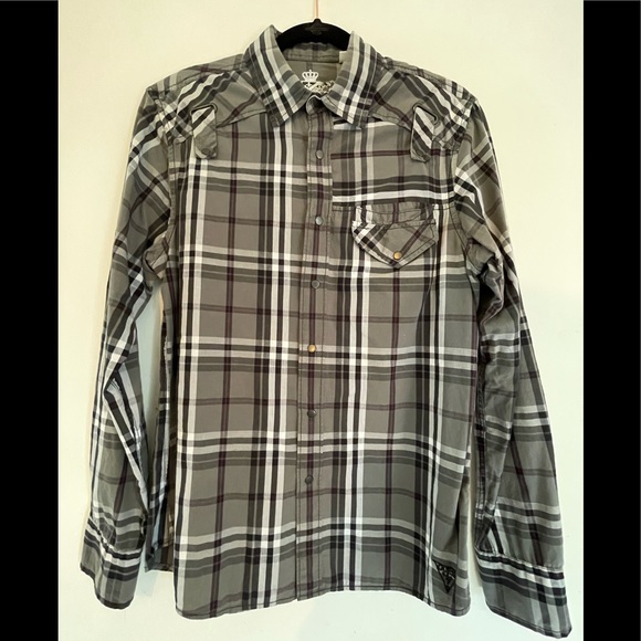 Guess L/S button down shirt. Size Small. Color: Gray, Black, White, Red - Picture 1 of 3